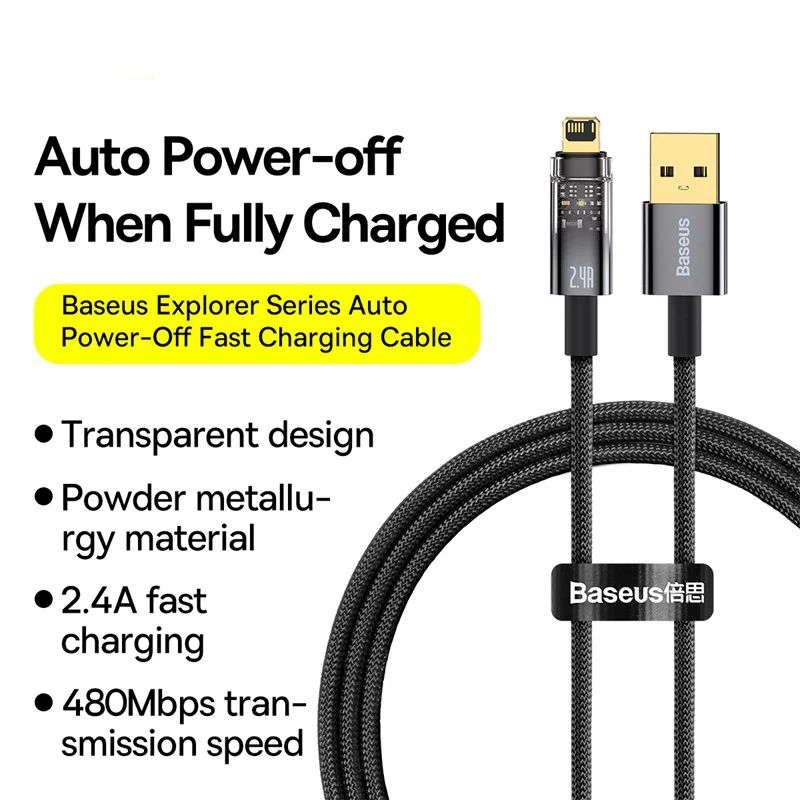 Кабель Baseus Explorer Series Auto Power-Off USB - Lightning 2.4A 1m Black (CATS000401) 00855 фото
