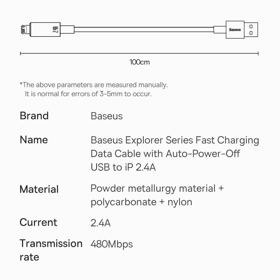 Кабель Baseus Explorer Series Auto Power-Off USB - Lightning 2.4A 1m Black (CATS000401) 00855 фото