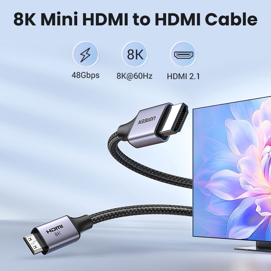 Кабель UGREEN HD163 Mini HDMI на HDMI v2.1 M/M 8K60Hz 4K120Hz Cable 2m Metal Gray (15515) 01148 фото