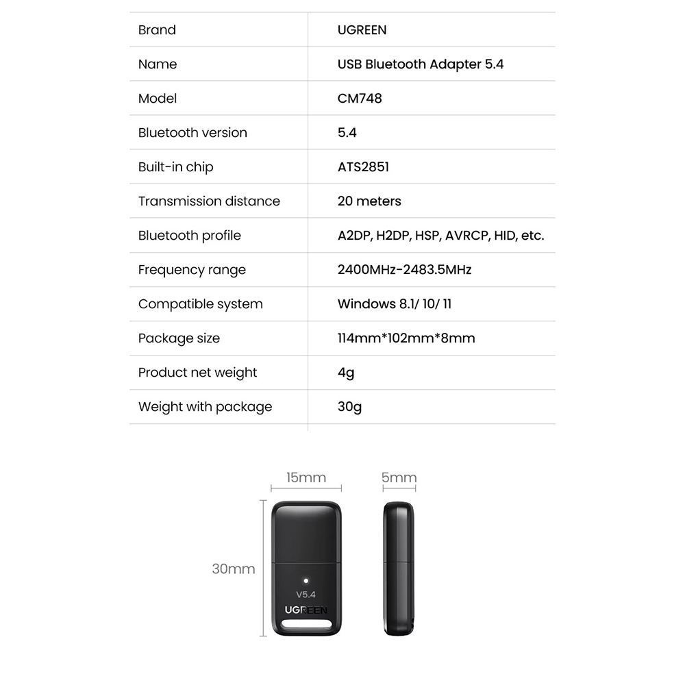 Адаптер блютуз для комп'ютера ноутбука UGREEN CM748 USB Bluetooth 5.4 Adapter Black (35058) 01166 фото