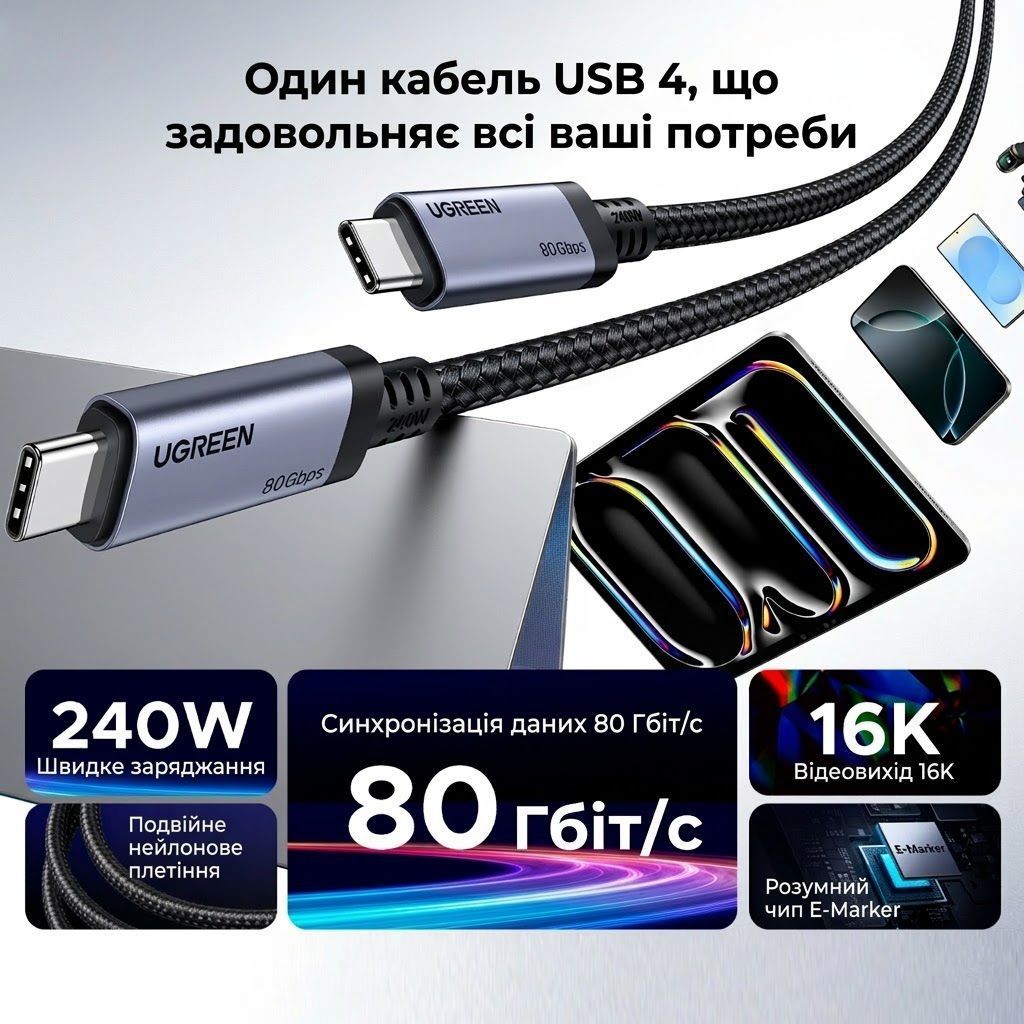 Кабель для трансляції відео Type-C на Type-C UGREEN L706 USB4 Gen 4 Cable 240W 80Gbps 16K@60Hz 1 метр чорний (65383) 01278 фото