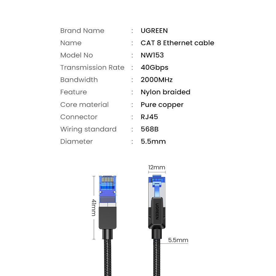 Сетевой интернет кабель патч-корд UGREEN NW153 Cat8 F/FTP Round Ethernet Cable Braided Pure Copper 2m Black (80431) 01303 фото