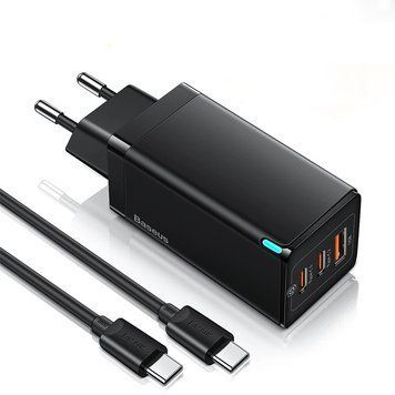 Мережевий зарядний пристрій Baseus GaN2 Pro Quick Charge 65W 2Type-C+1USB Black + Type-C-Type-C cable (CCGP120201) 00702 фото