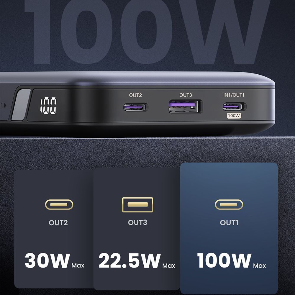Зовнішній акумулятор повербанк для ноутбука UGREEN PB720 20000mAh 100W Two-way Fast Charging Power Bank Gray (25188)