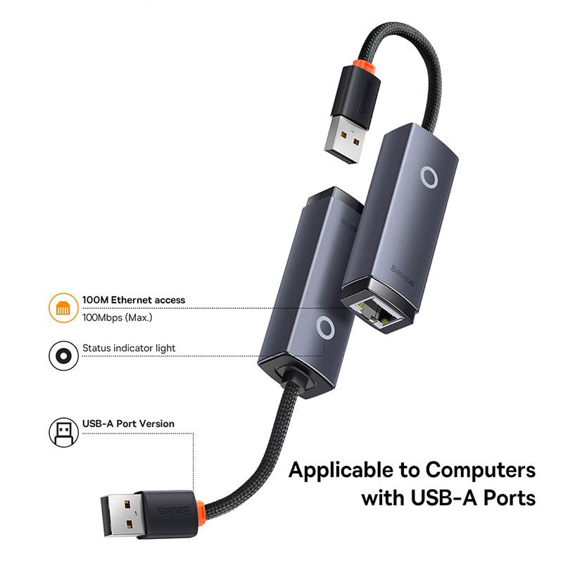 Внешний сетевой адаптер Baseus Lite Series Ethernet 100Mbps USB to RJ45 Gray (WKQX000013) 01014 фото