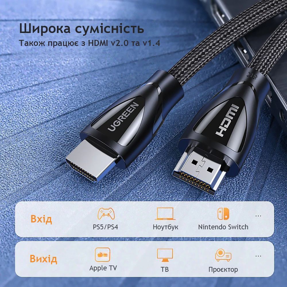 Кабель UGREEN HD140 HDMI M/M 8K60Hz 4K120Hz Cable with Braided 3m Black (80404) 01305 фото