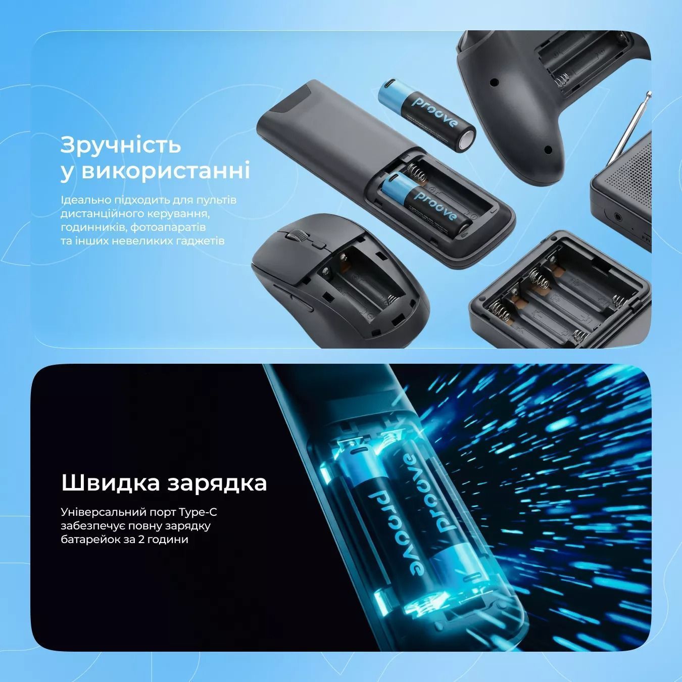 Аккумуляторные батарейки Proove Type-C Compact Energy 2400mAh Lithium-ion AA 2pack Black (RBCE26010008)