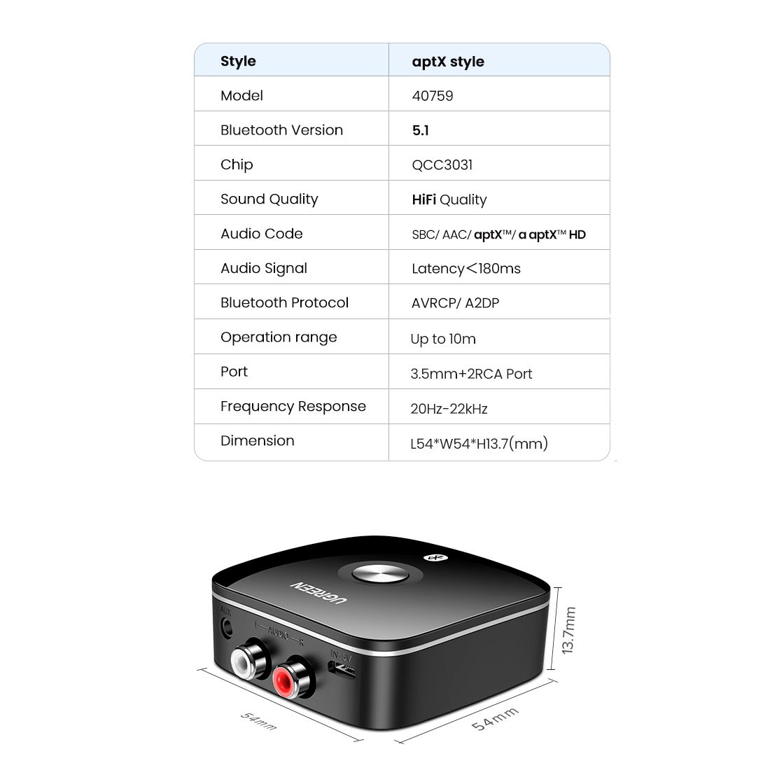 Блютуз аудіо приймач ресивер 2RCA + Jack 3.5 UGREEN CM106 Wireless Bluetooth 5.1 HiFi AptX HD Black (40759) 00979 фото
