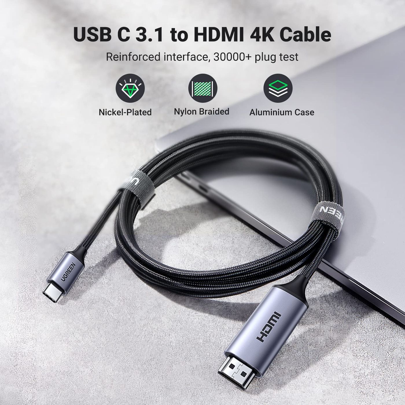 Кабель Type-C to HDMI UGREEN MM142 M/M Cable Aluminum Shell 1.5m Gray (50570)