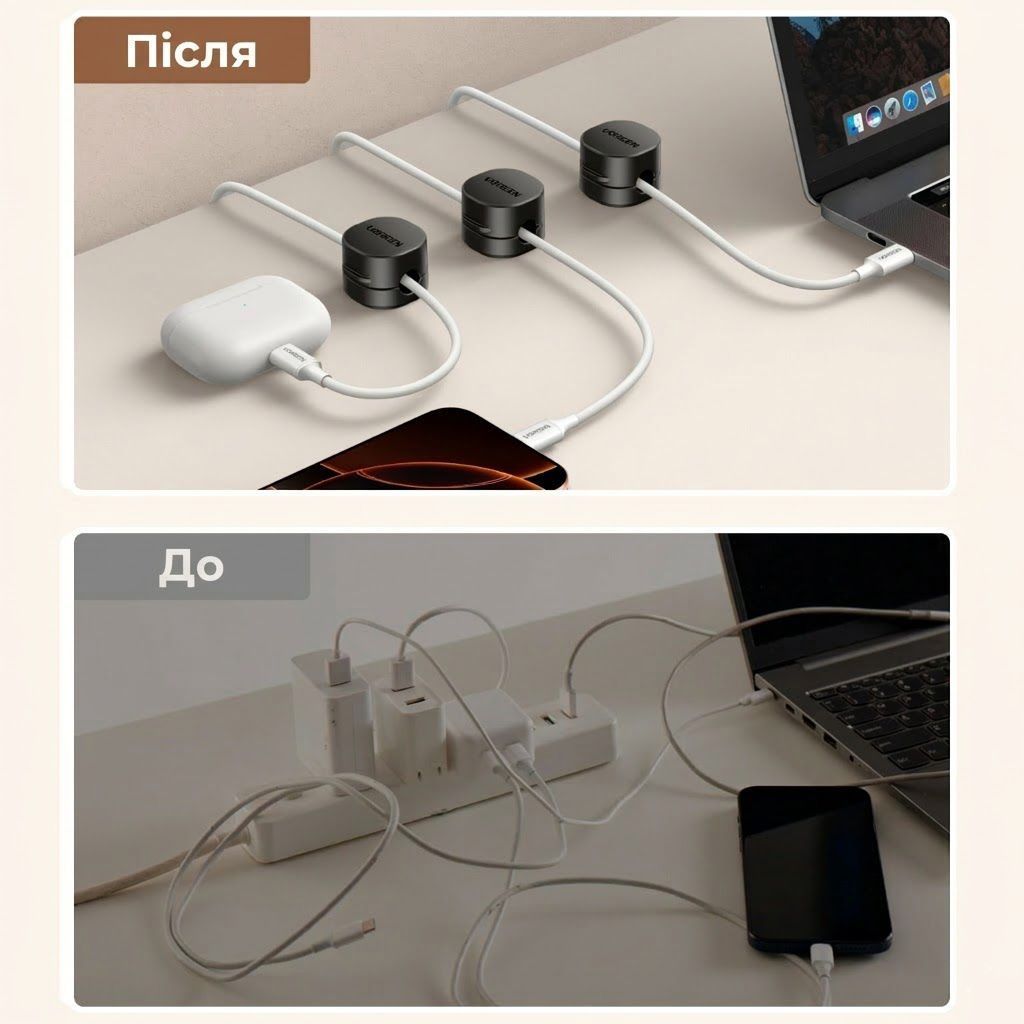 Магнітний органайзер тримач для кабелів настільний UGREEN Magnetic Cable Organizer 3-Pack Black (45797) 01261 фото