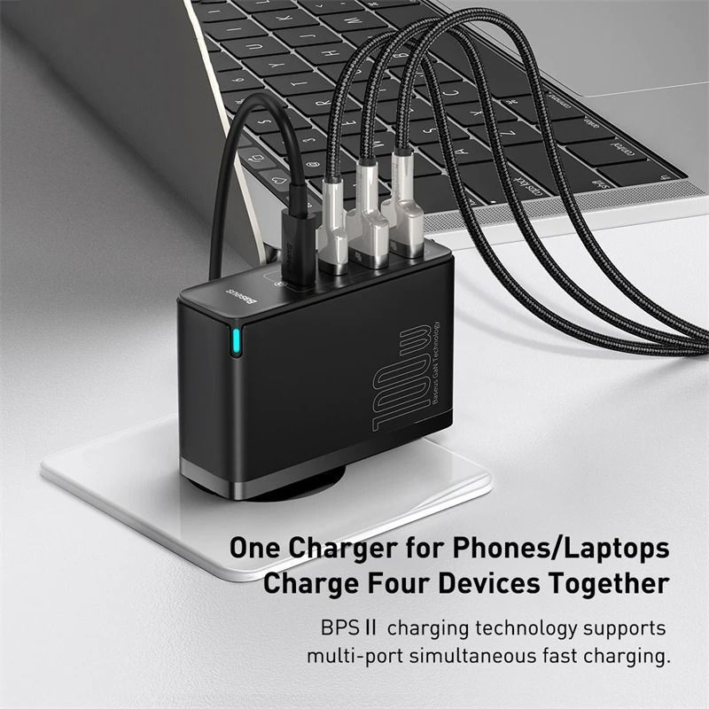Мережевий зарядний пристрій Baseus GaN2 Pro Quick Charger 100W 2Type-C+2USB Black + Type-C-Type-C cable (CCGAN2P-L01) 00721 фото