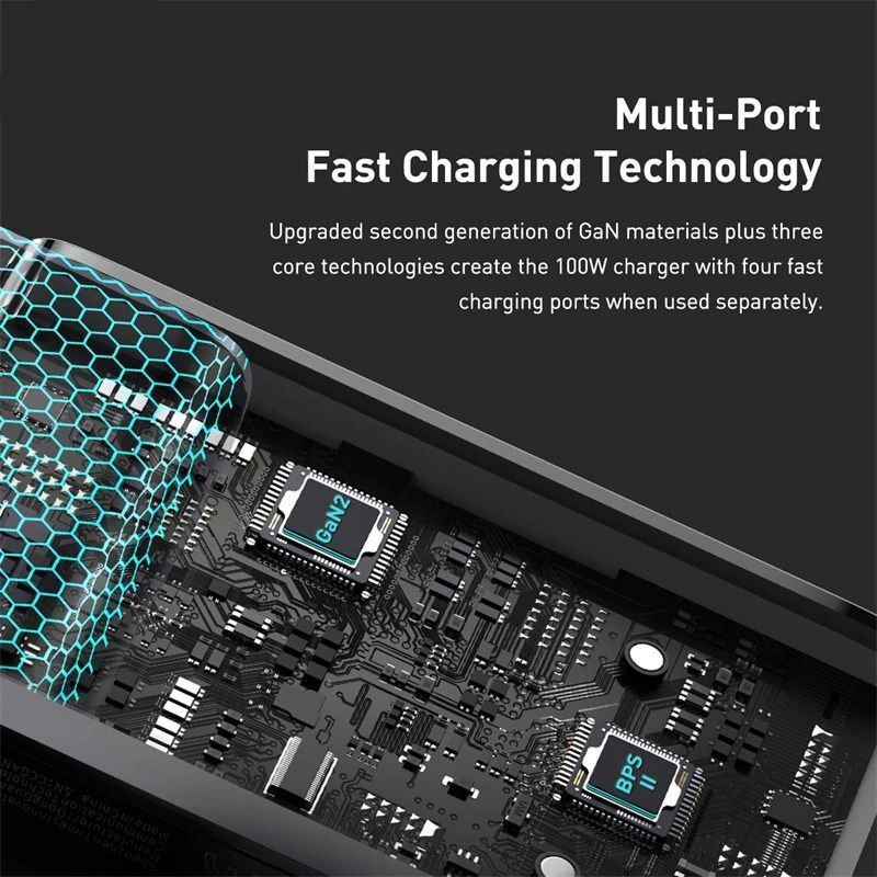 Мережевий зарядний пристрій Baseus GaN2 Pro Quick Charger 100W 2Type-C+2USB Black + Type-C-Type-C cable (CCGAN2P-L01) 00721 фото