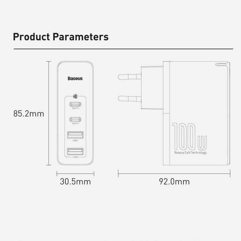 Мережевий зарядний пристрій Baseus GaN2 Pro Quick Charger 100W 2Type-C+2USB Black + Type-C-Type-C cable (CCGAN2P-L01) 00721 фото