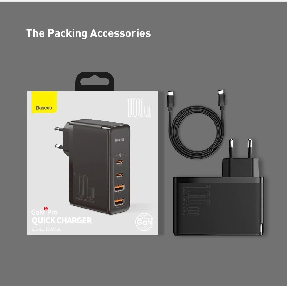 Мережевий зарядний пристрій Baseus GaN2 Pro Quick Charger 100W 2Type-C+2USB Black + Type-C-Type-C cable (CCGAN2P-L01) 00721 фото