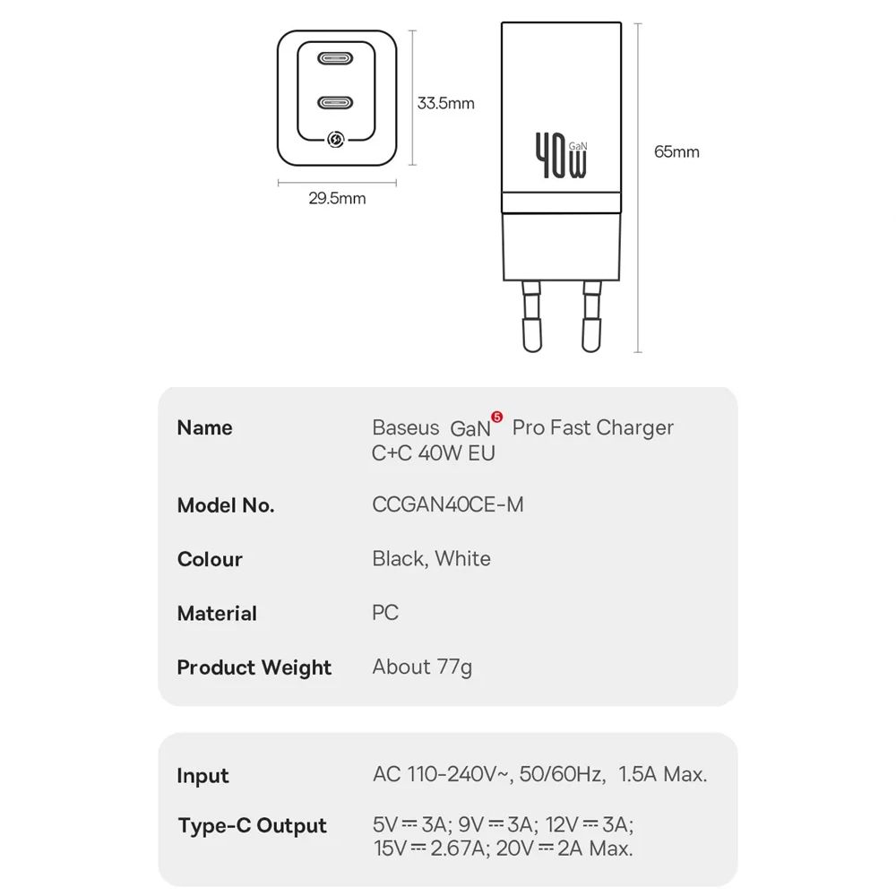 Мережевий зарядний пристрій BASEUS GaN5 Pro 40W Type-C + Type-C Black (CCGP180101) 01093 фото