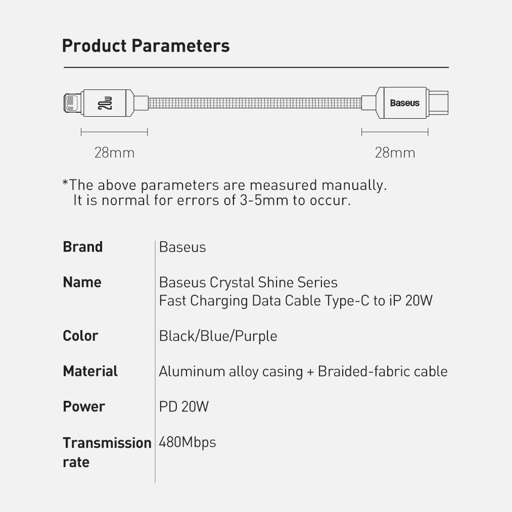 Кабель Baseus Crystal Shine Series Type-C - Lightning PD 20W 1.2m Black (CAJY000201) 00908 фото