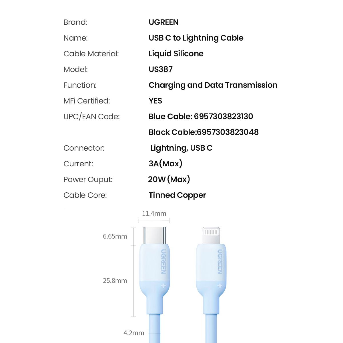 Кабель UGREEN US387 Type-C - Lightning 20W 3A Silicone Cable 1m Blue (20313) 00951 фото