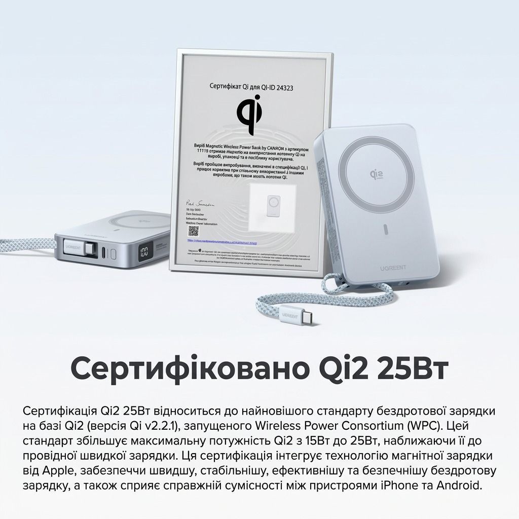 Зовнішній акумулятор повербанк з MagSafe UGREEN PB773 10000mAh 30W QI2.2 Magnetic Wireless Power Bank Blue (65958B)