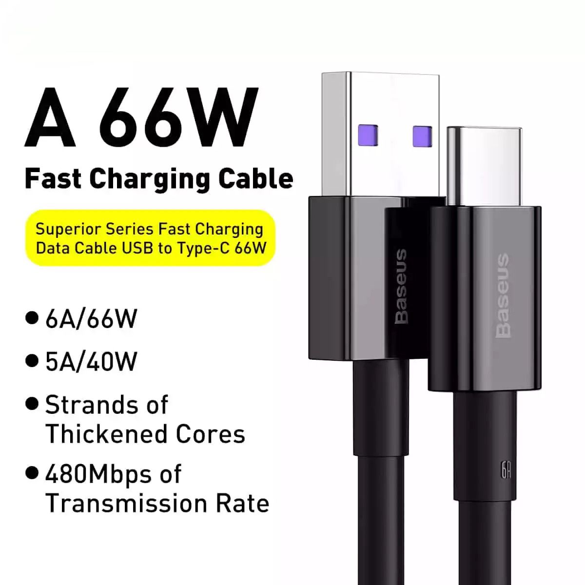 Кабель Baseus Superior Series Fast Charging USB - Type-C 6A 66W 2m Black (CATYS-A01) 00835 фото