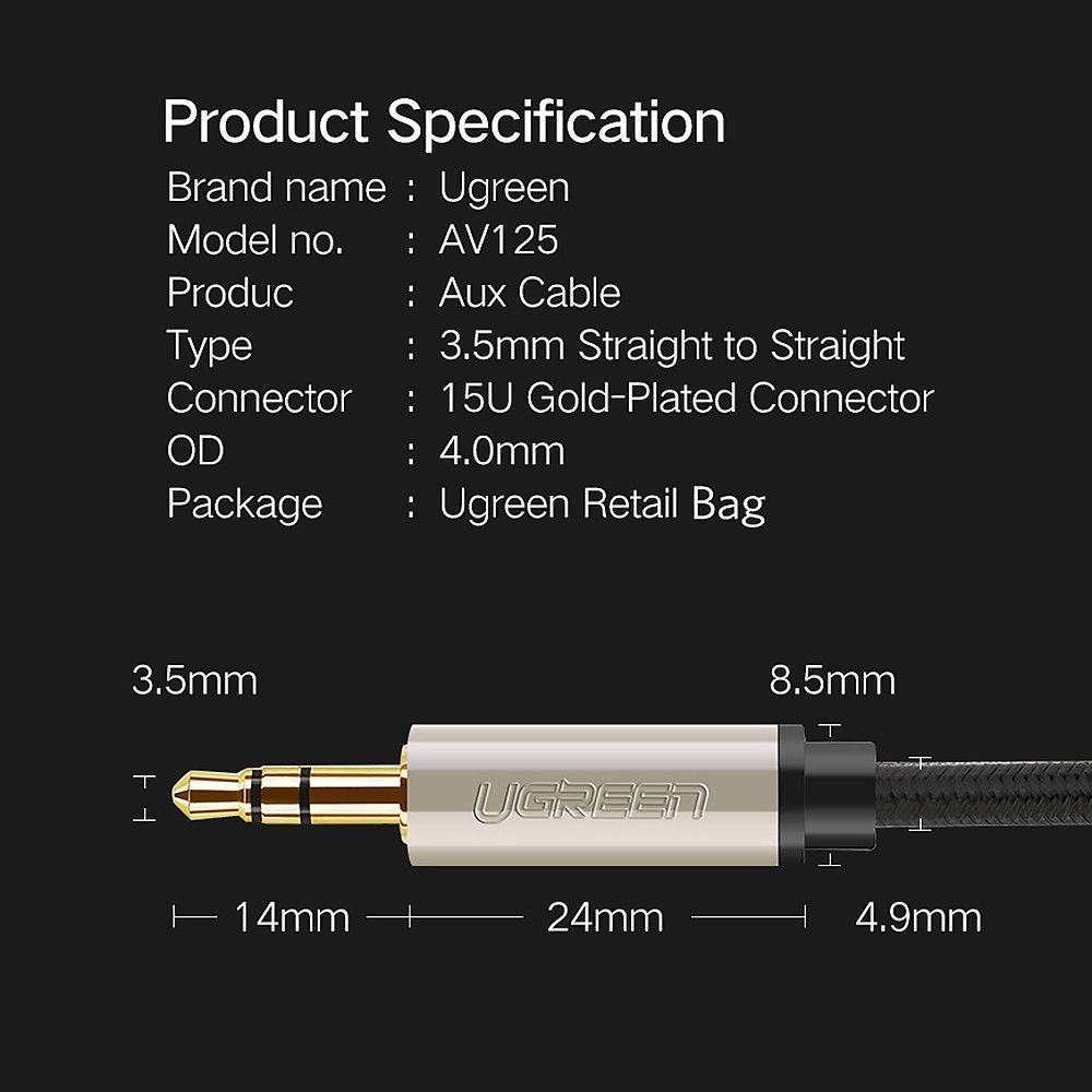 Аудио кабель UGREEN AV125 3.5mm Male to 3.5mm Male Hi-Fi Audio Cable Net Braid 3m Black (10605) 00644 фото