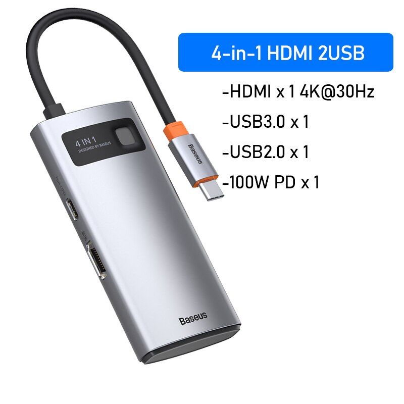 USB-C хаб Baseus Metal Gleam Series 4-in-1 Multifunctional USB3.0+USB2.0+HDMI4K+Type-C Gray (CAHUB-CY0G) 00709 фото