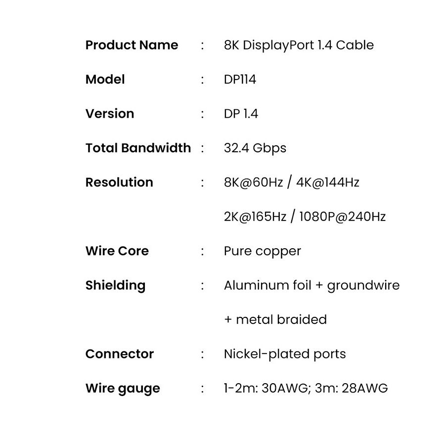 Кабель DisplayPort 1.4 UGREEN DP114 8K60Hz 4K144Hz Male to Male Braided Cable 1m Black (80390)