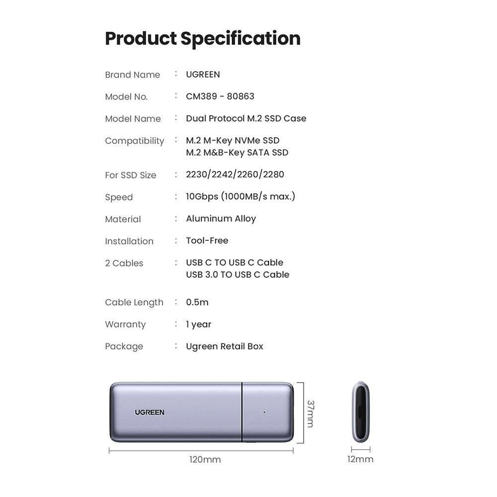 Корпус для жорсткого диска UGREEN CM389 USB-C to M.2 NVMe/SATA 10Gb Enclosure Silver (80863) 00645 фото