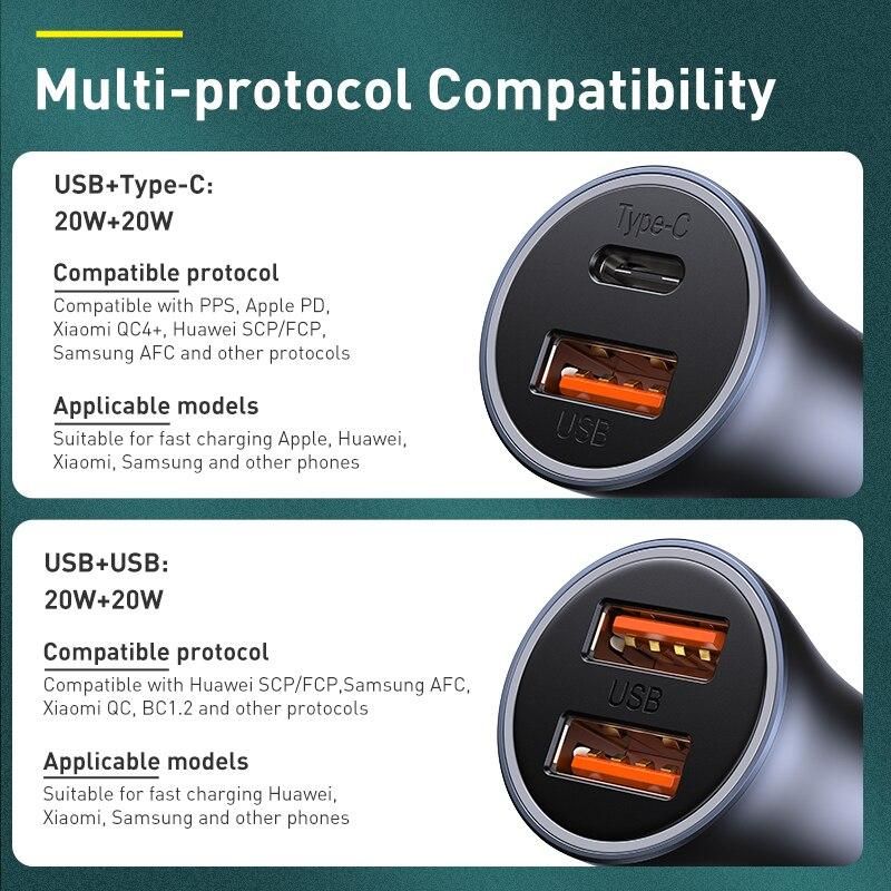 Автомобильное зарядное устройство Baseus Golden Contactor Pro USB+Type-C 40W 5A Gray + Type-C cable 1m (TZCCJD-0G) 00763 фото