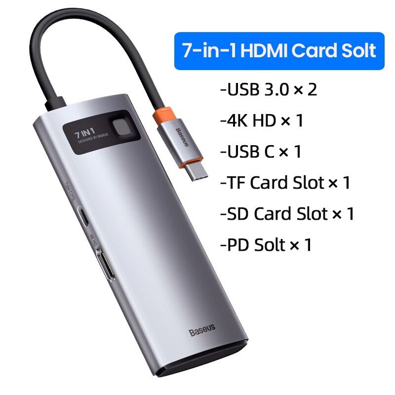 USB-C хаб Baseus Metal Gleam Series 7-in-1 Multifunctional Type-C HUB Docking Station Gray (WKWG020113) 00710 фото