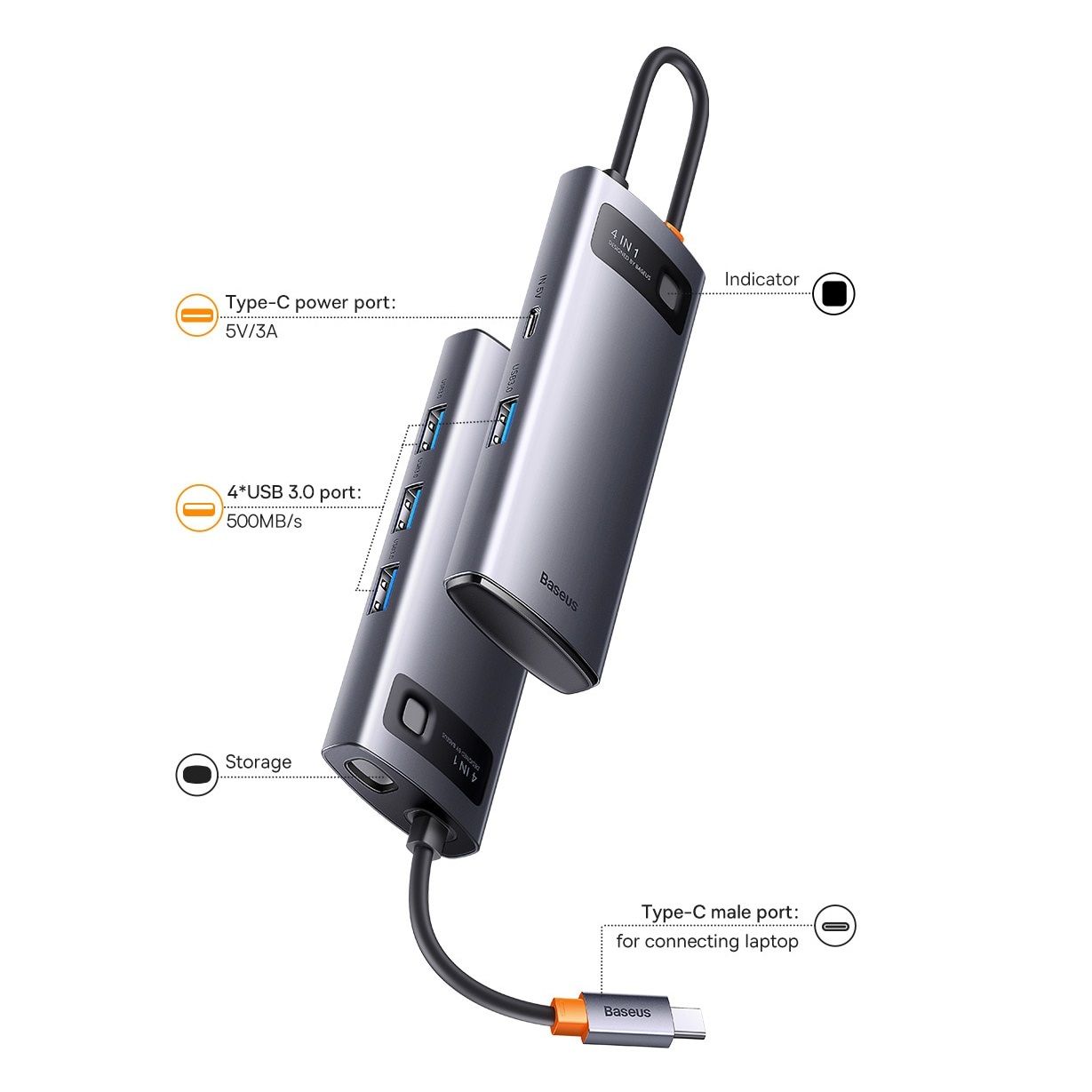 USB-C хаб Baseus Metal Gleam Series 4-in-1 Multifunctional 4xUSB3.0 Gray (WKWG070013) 00922 фото