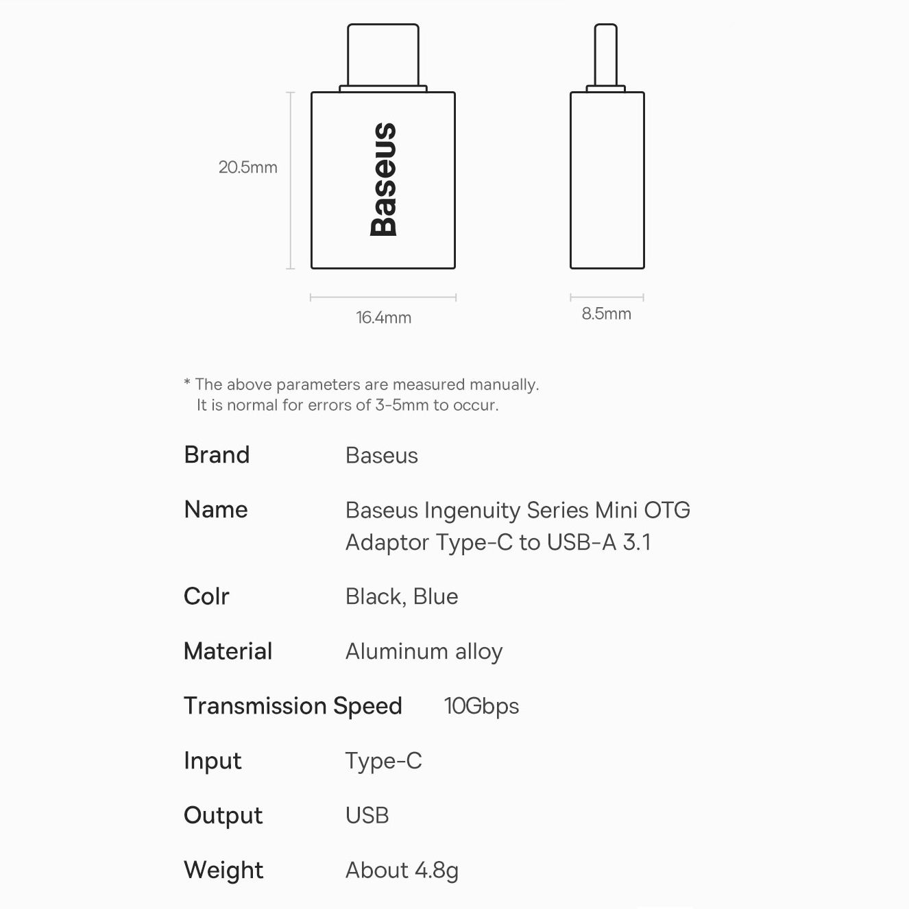 Адаптер Baseus Ingenuity Series Mini OTG Adaptor Type-C to USB-A 3.1 Black (ZJJQ000001) 00839 фото