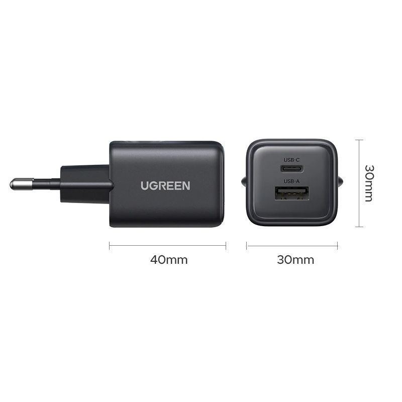 Мережевий зарядний пристрій для швидкої зарядки 30W UGREEN X516 GaN Fast Charger Type-C + USB Black (65014) 01318 фото