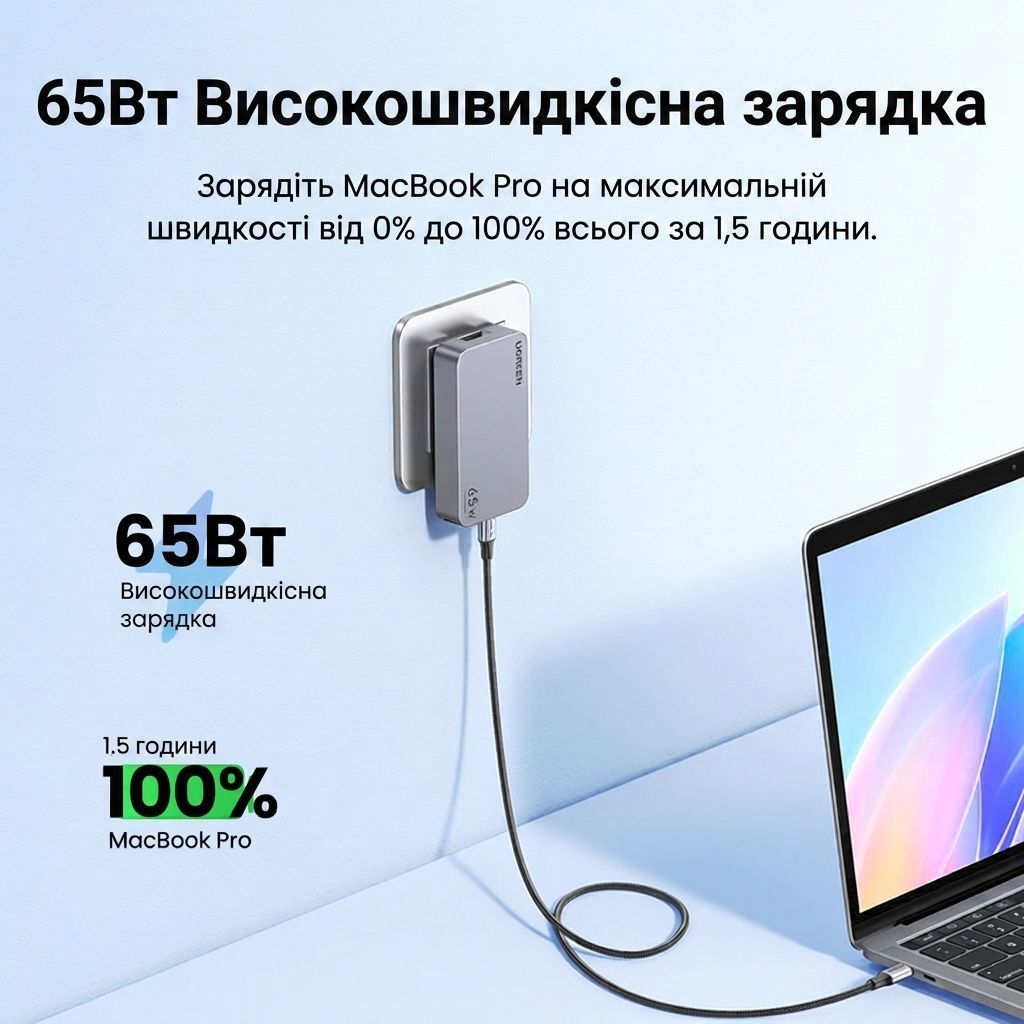 Мережевий зарядний пристрій для швидкої зарядки UGREEN X753 GaN Nexode Pro 65W 2xUSB-C + USB-A Gray (25356) 01320 фото