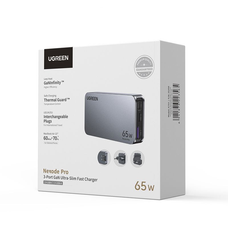 Мережевий зарядний пристрій для швидкої зарядки UGREEN X753 GaN Nexode Pro 65W 2xUSB-C + USB-A Gray (25356) 01320 фото