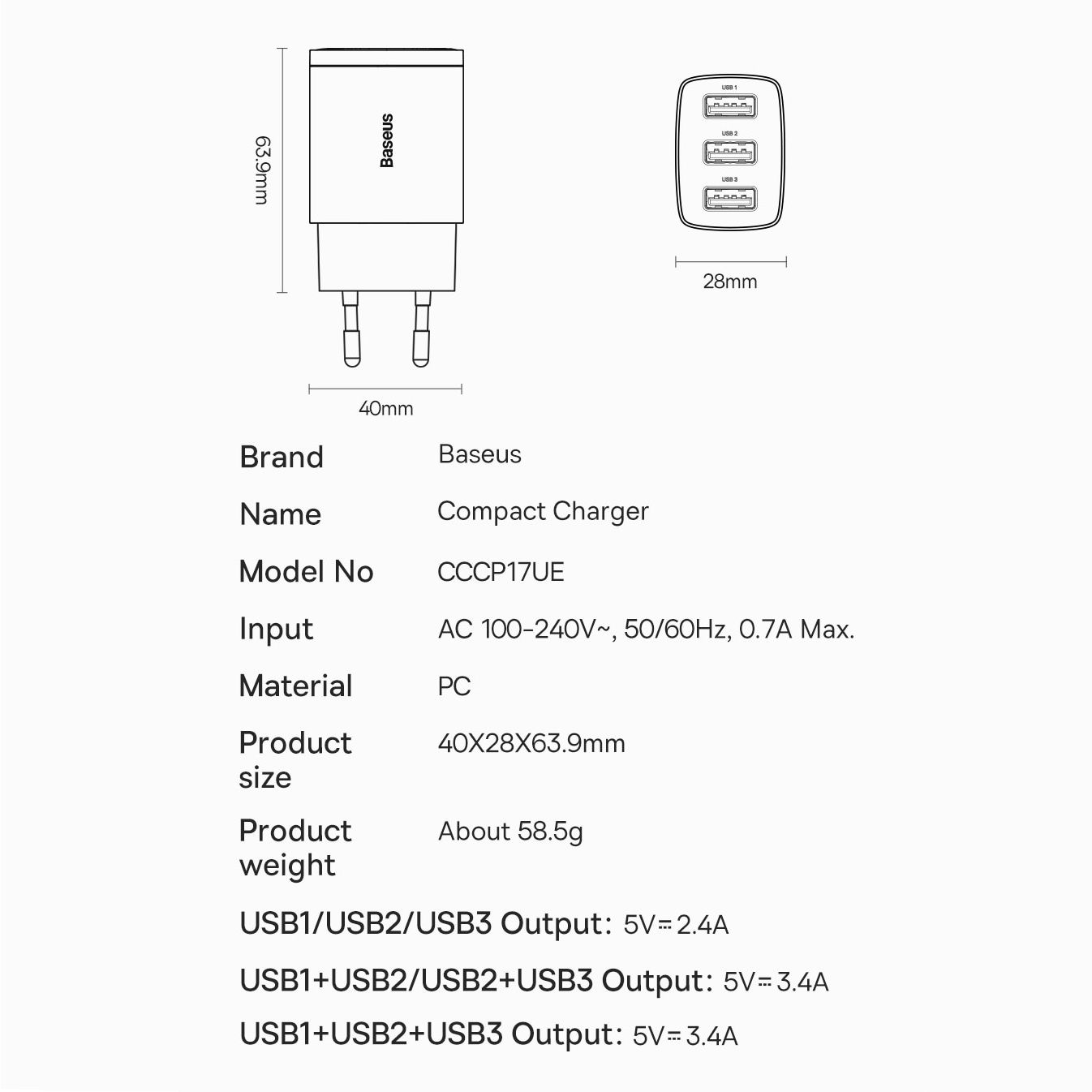 Сетевое зарядное устройство Baseus Compact Charger 3USB 17W Black (CCXJ020101) 00837 фото