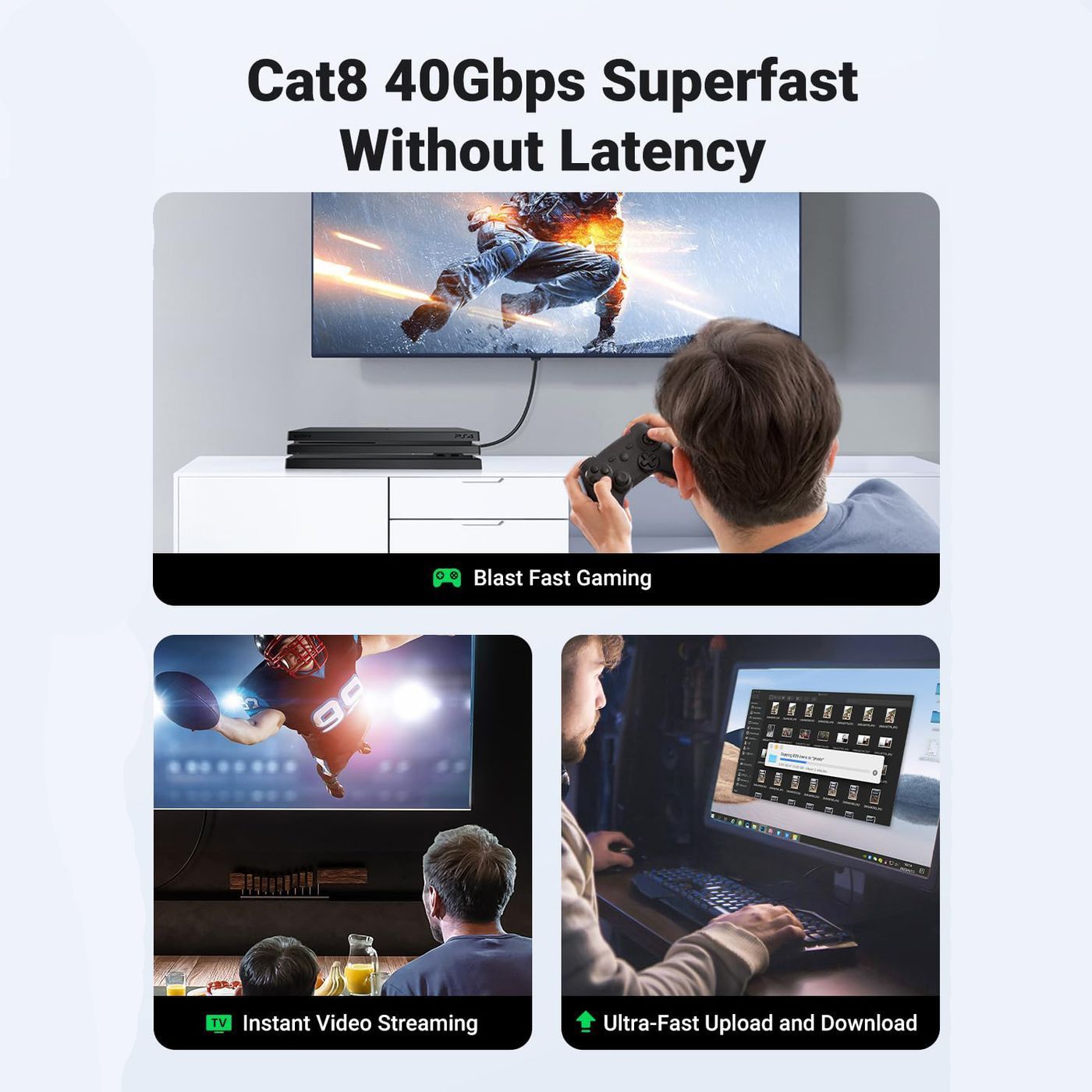 Мережевий кабель патч-корд UGREEN NW153 Cat8 F/FTP Round Ethernet Cable Braided Pure Copper 20m Black (30800) 00992 фото