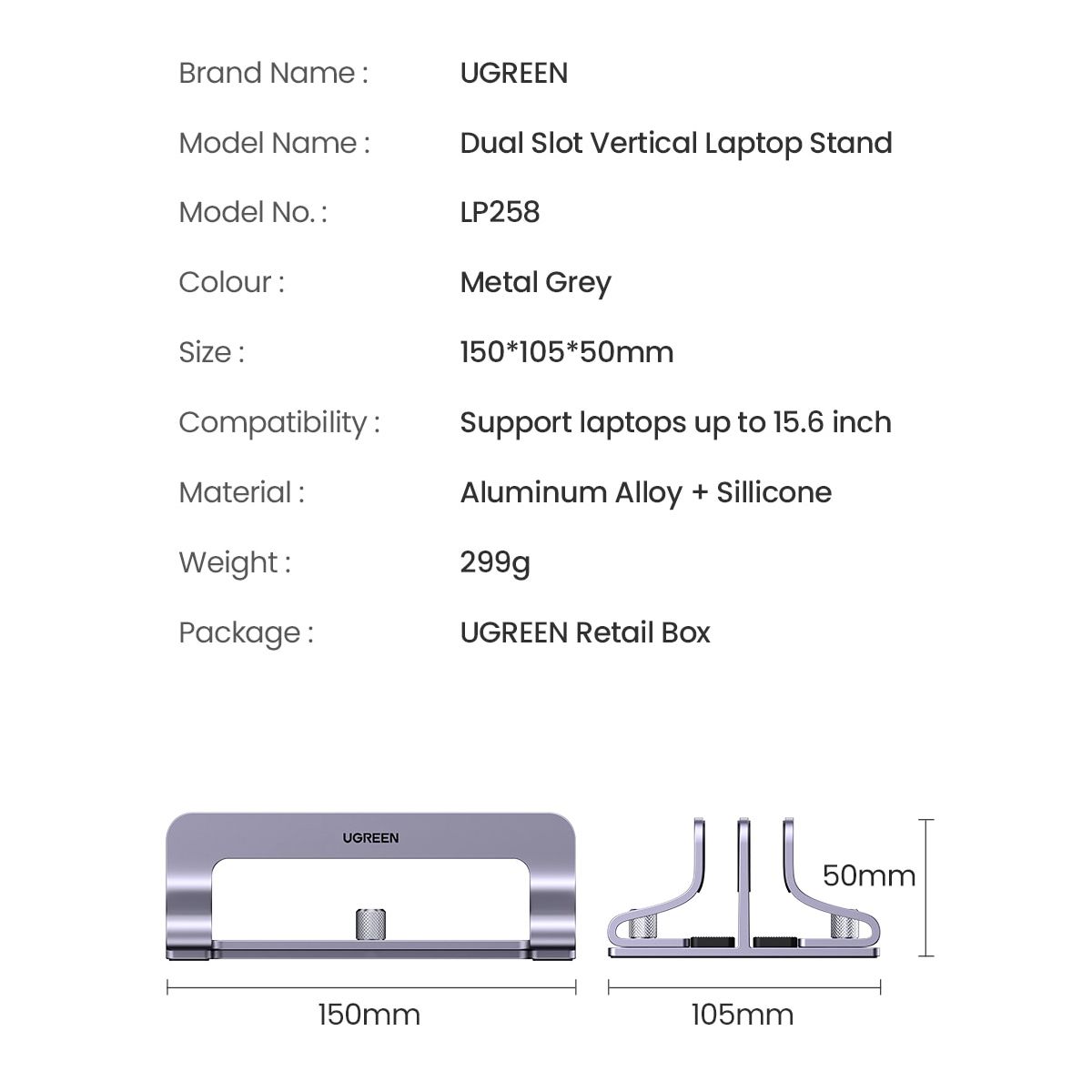 Вертикальна подставка для ноутбука двойная UGREEN LP258 Vertical Laptop Stand Dual-slot Gray (60643)