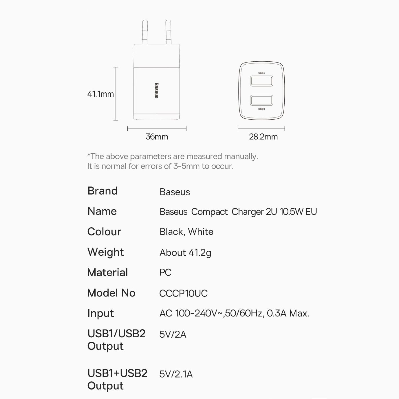 Сетевое зарядное устройство Baseus Compact Charger 2USB 10.5W Black (CCXJ010201) 00836 фото