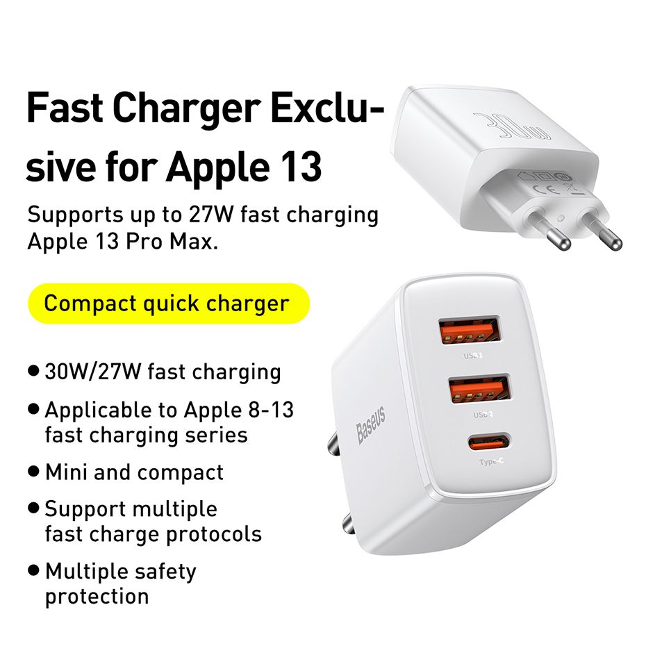 Сетевое зарядное устройство Baseus Compact Quick Charger 1Type-C+2USB 30W White (CCXJ-E02) 00722 фото