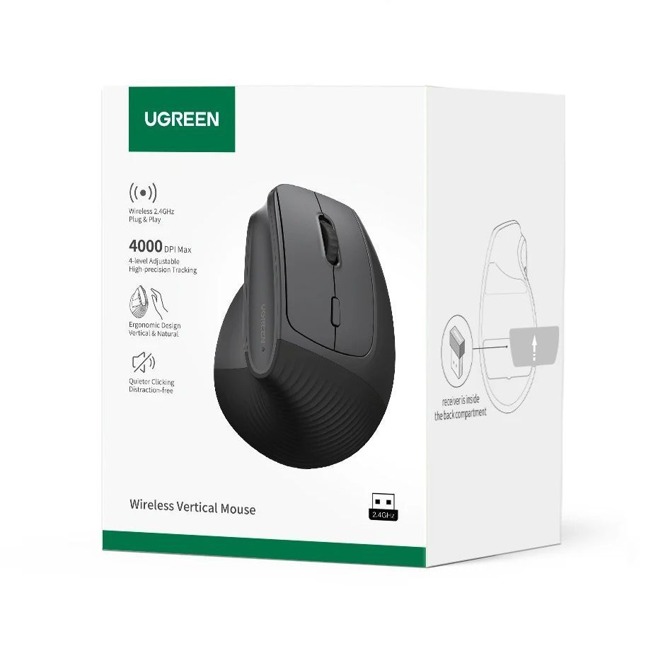 Бездротова вертикальна комп'ютерна миша ергономічна безшумна UGREEN M571 Wireless Vertical Mouse 2.4Ghz Black (55916)