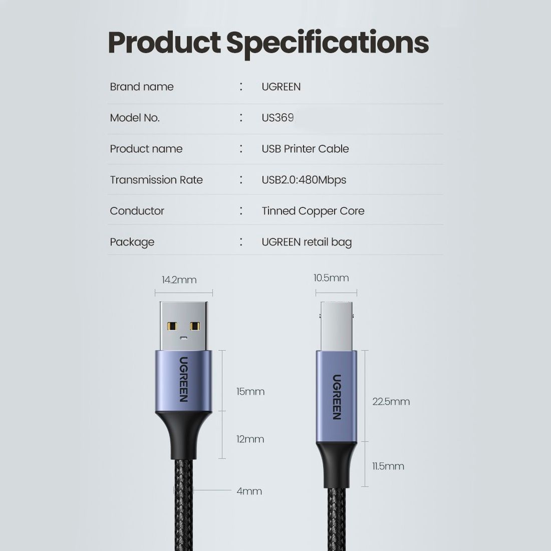 Кабель для принтера USB-A на USB-B 2.0 UGREEN US369 Printer Cable with Alu Case 2m Black (80803)