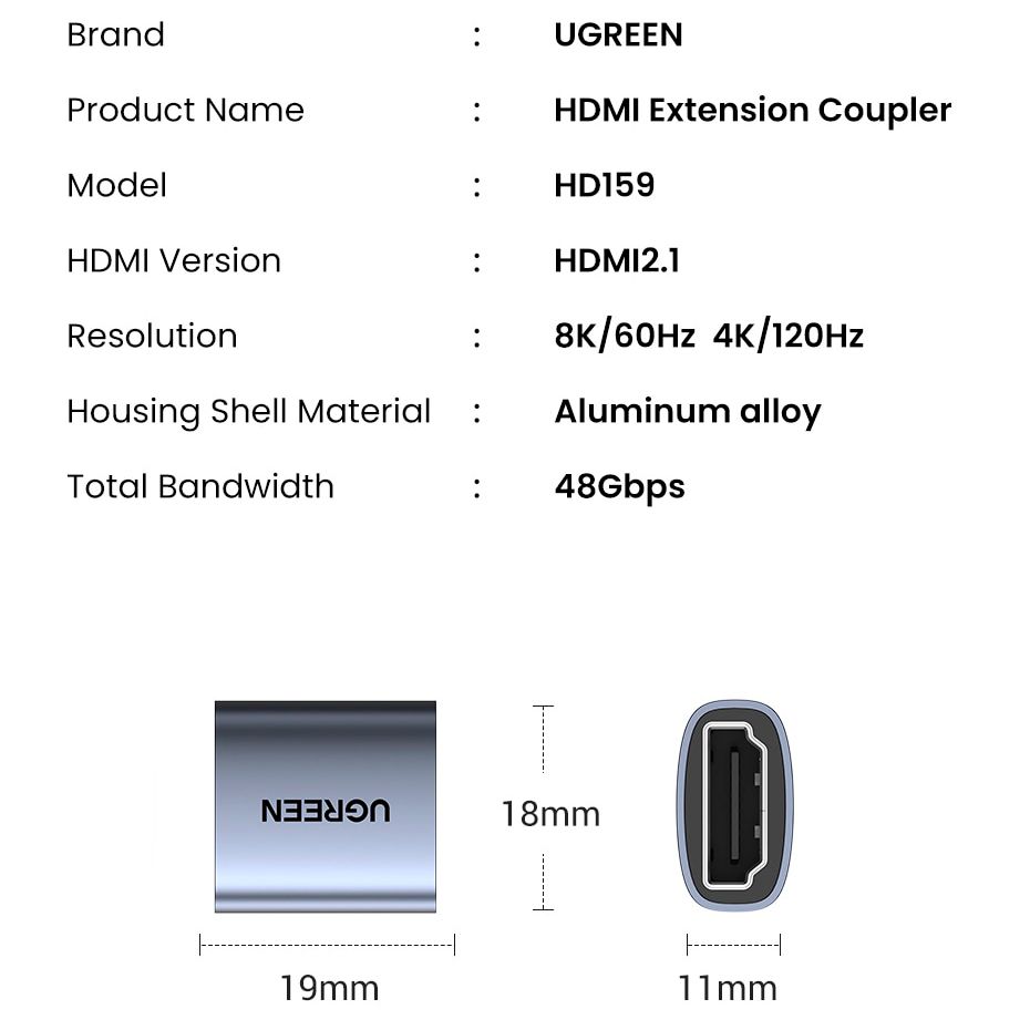 Сплітер UGREEN HD159 HDMI 8K Female to Female Adapter For Extension Gray (90592) 00985 фото