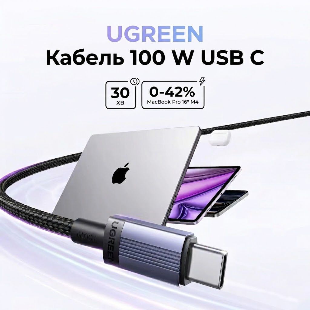 Кабель Type-C на Type-C для швидкої зарядки UGREEN L528 PD Fast Charging Cable 100W 5A 2 метри сірий (65833) 01315 фото