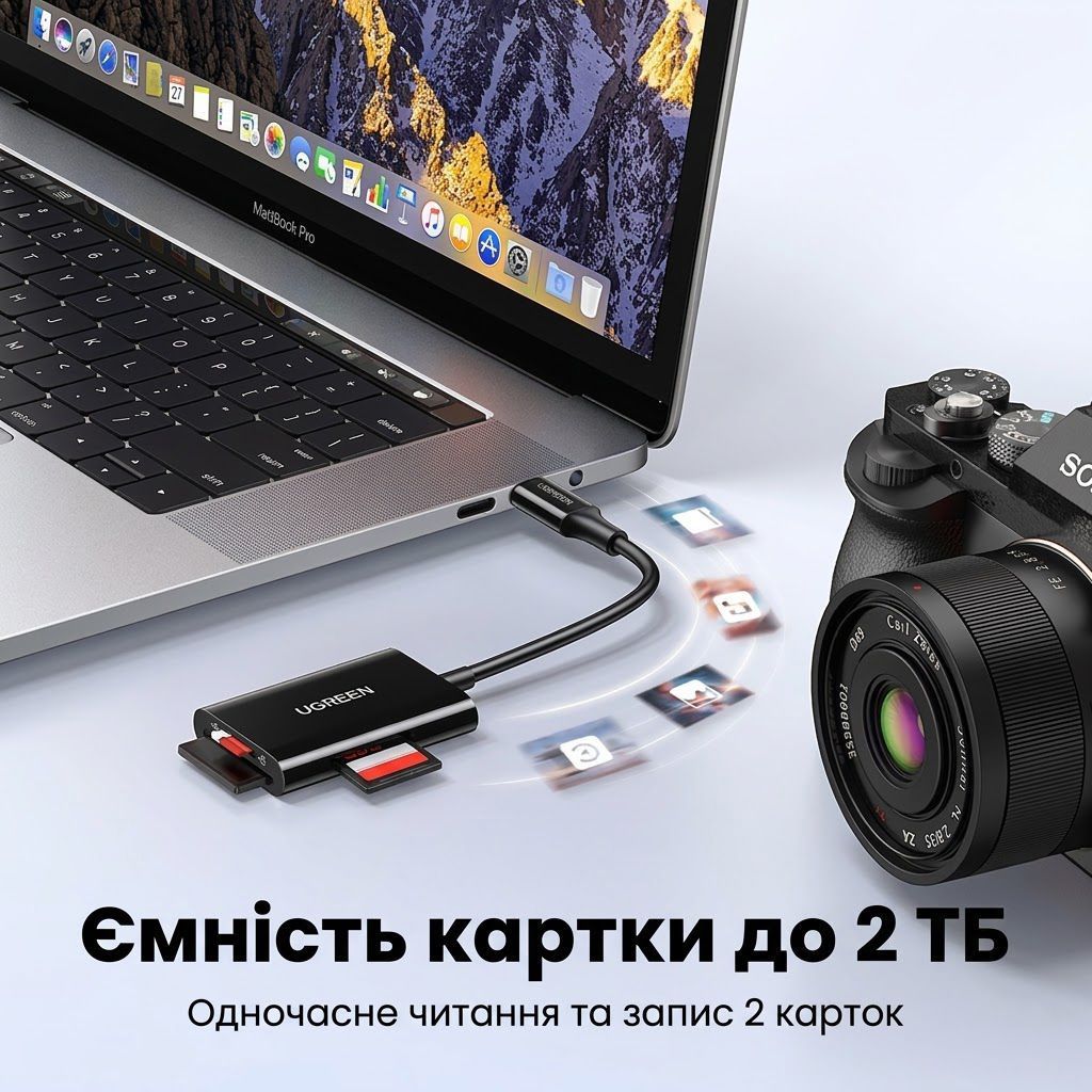 Картрідер пристрій для читання карток пам'яті TF/SD UGREEN CM265 2in1 USB-C Card Reader SD3.0 170mb/s Black (35622) 01299 фото