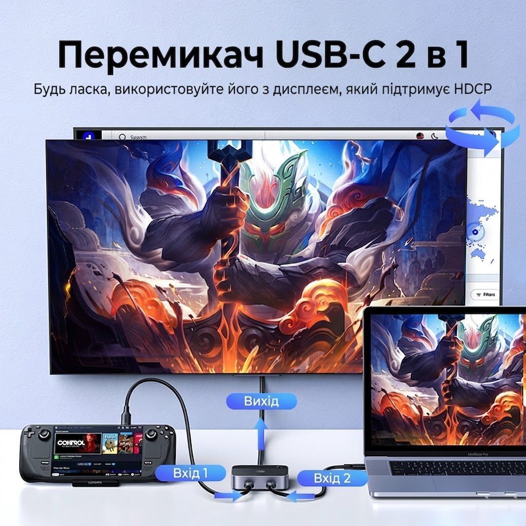 Перемикач для кабелів 2 Type-C на 1 HDMI UGREEN AW502 Switch 4K 60Hz Black (55451) 01311 фото