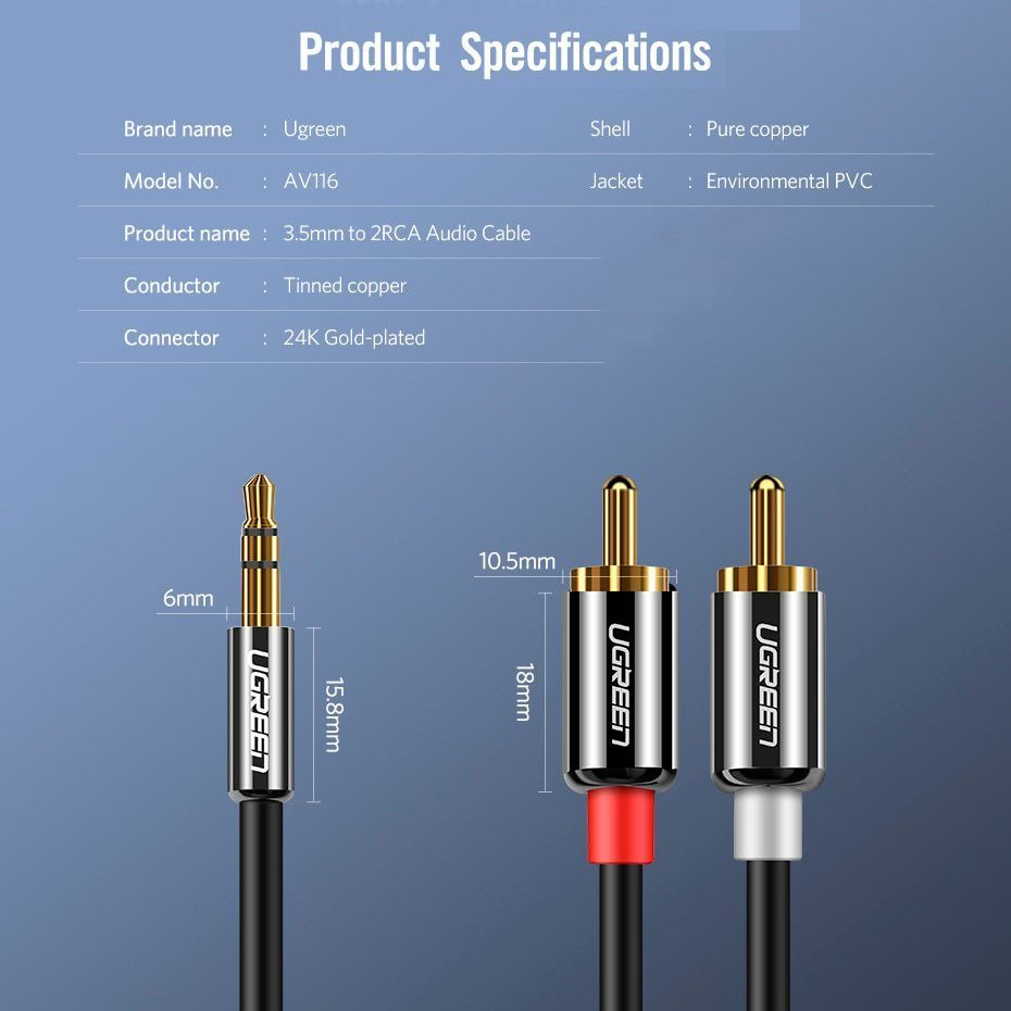 Аудіо кабель UGREEN AV116 3.5mm Male to 2RCA Male Hi-Fi Cable 2m Black (10584) 01249 фото