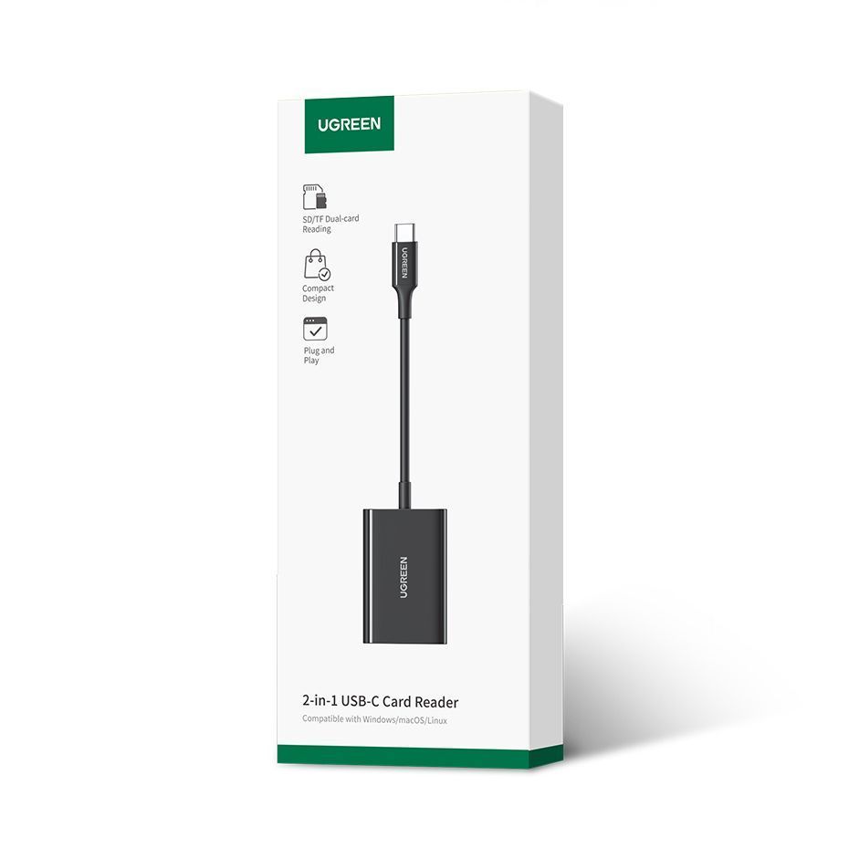 Картрідер пристрій для читання карток пам'яті TF/SD UGREEN CM265 2in1 USB-C Card Reader SD3.0 170mb/s Black (35622) 01299 фото