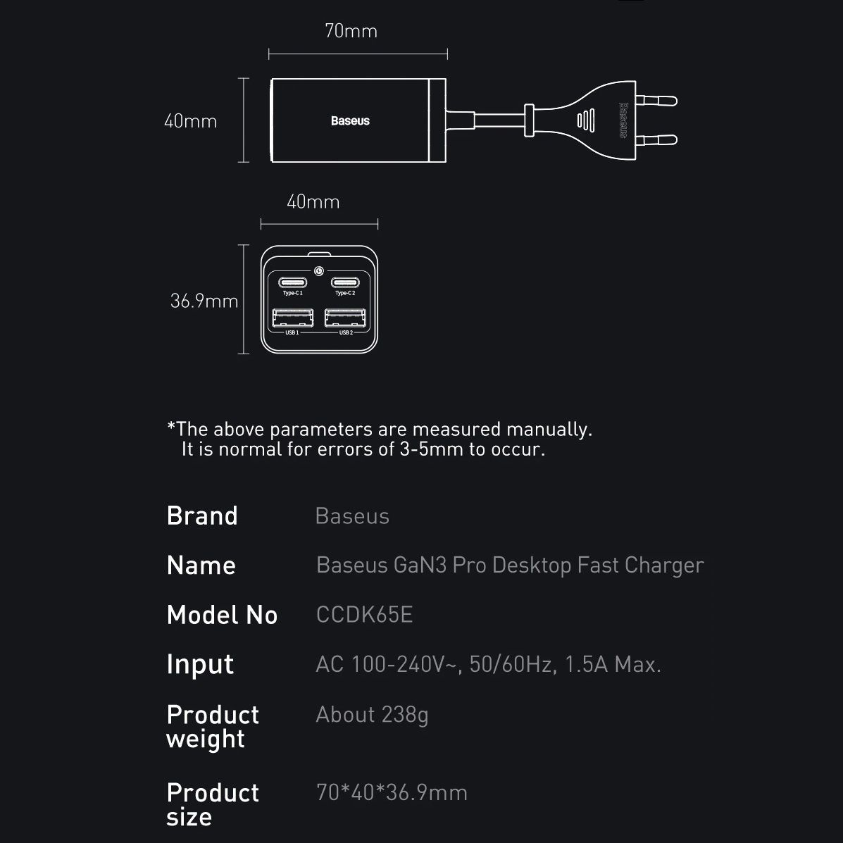 Сетевое зарядное устройство Baseus GaN3 Pro 65W 2USB+2Type-C Black + кабель (CCGP040101) 00844 фото