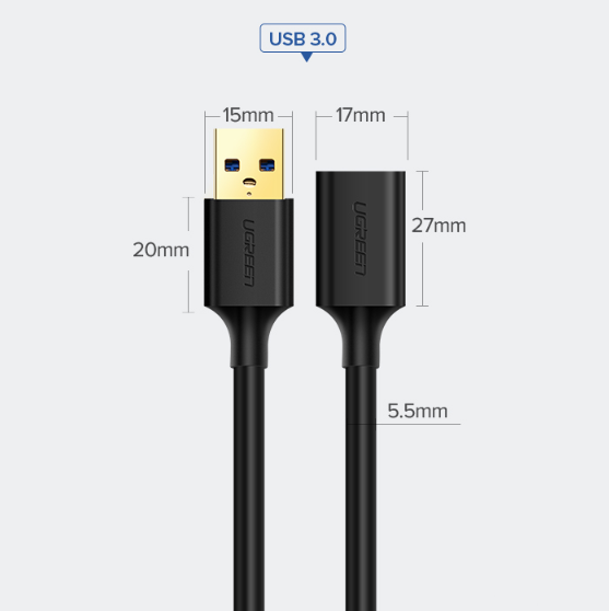 Кабель удлинитель USB 3.0 UGREEN US129 Male To Female Extension Cable 1m Black (10368) 00359 фото