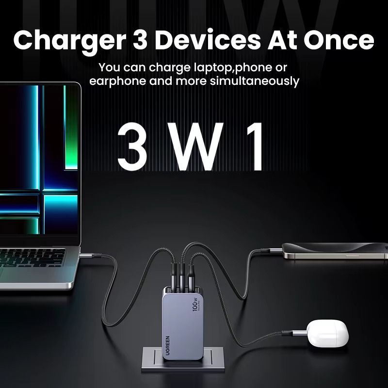Блок питания для быстрой зарядки телефона ноутбука UGREEN X757 Nexode Pro 100W GaN Fast Charger 2Type-C+1USB (25874) 01323 фото
